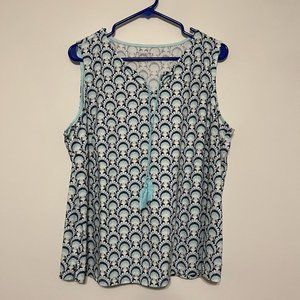 Talbots Women's Plus Sleeveless Tank Top Blue & White Seashell w/ Tassels